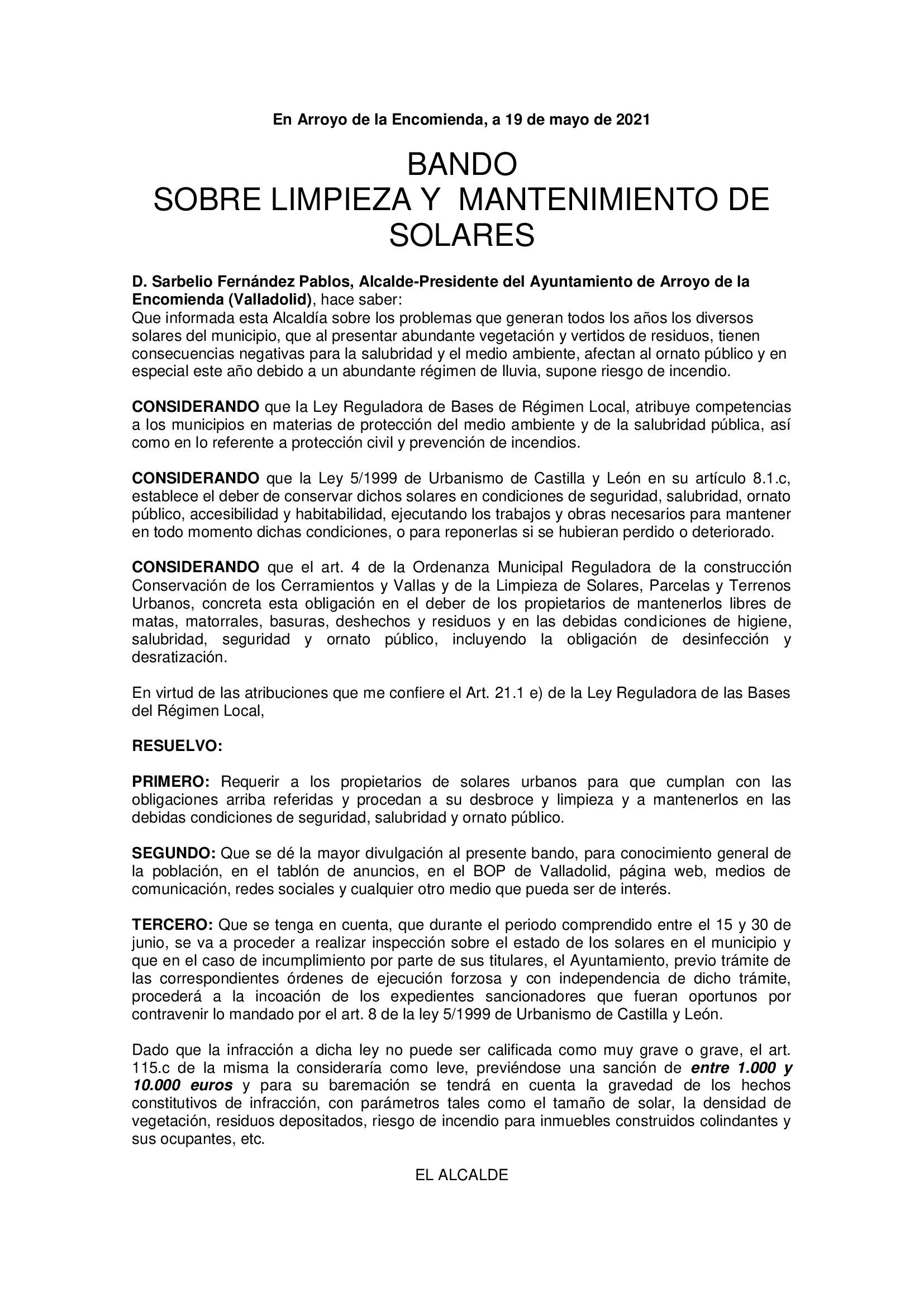 Bando sobre limpieza y mantenimiento de solares