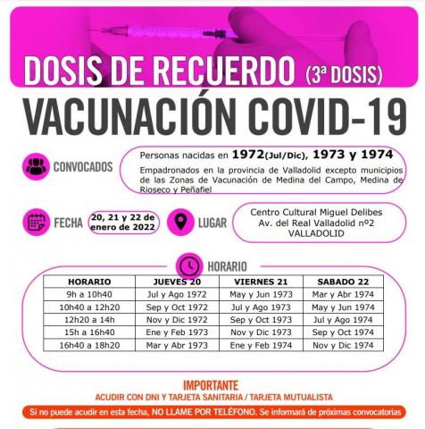 Dosis refuerzo Vacunación COVID-19, nacidos de Julio a Diciembre de 1972, 1973 y 1974