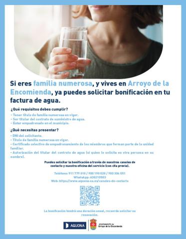 Bonificación en la factura del agua para las familias numerosas empadronadas en Arroyo de la Encomienda